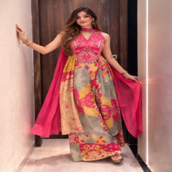 Premium Pure Chinon Handwork Wedding Suit Set with Printed Flared Skirt & Chiffon Dupatta